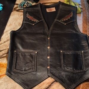 Men's Black Leather Vest with Embroidered Accents